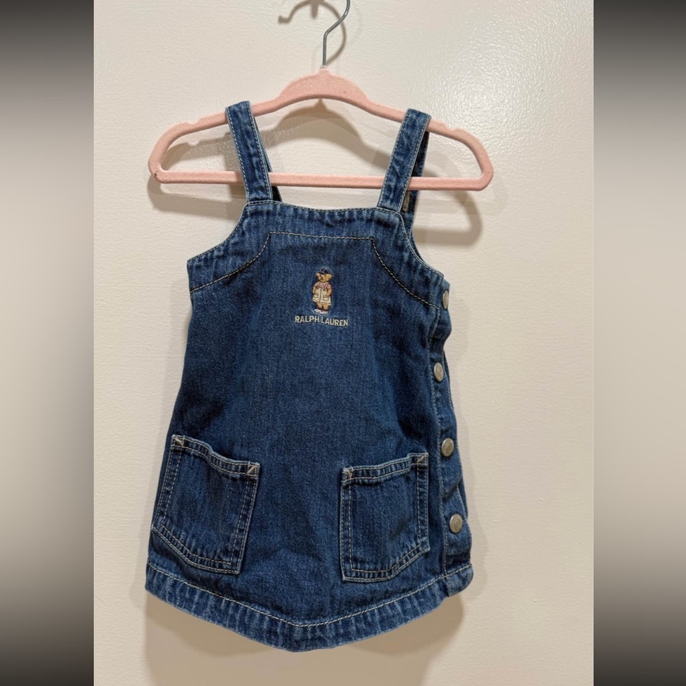Vintage Ralph Lauren Baby Denim Dress Polo Bear Pinafore Overall 90s
